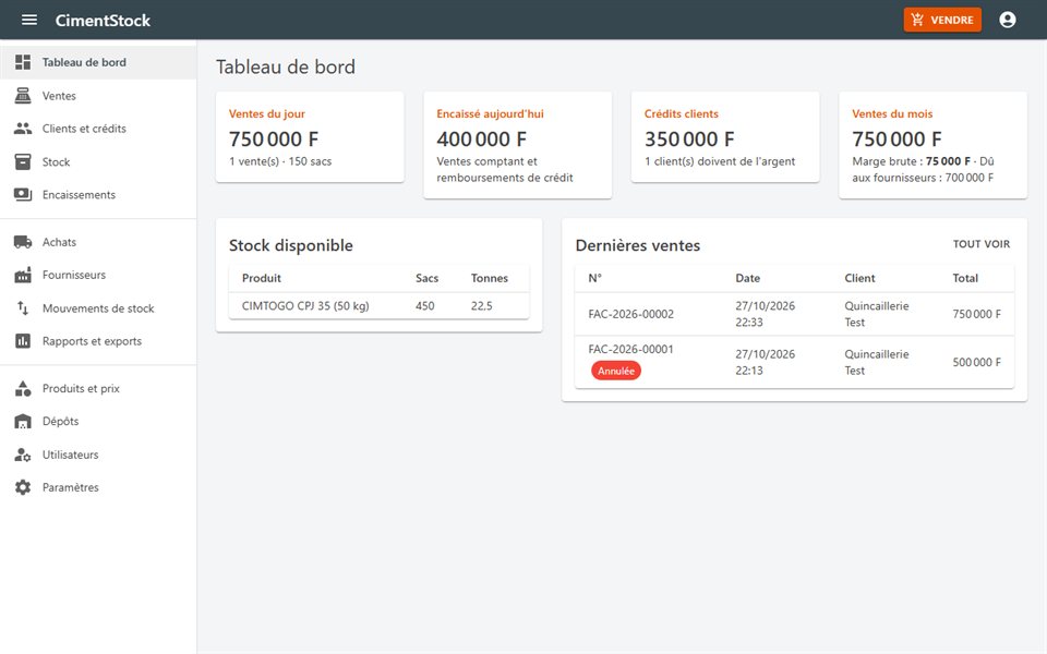 Tableau de bord de CimentStock : ventes du jour, crédits clients, stock et dernières ventes
